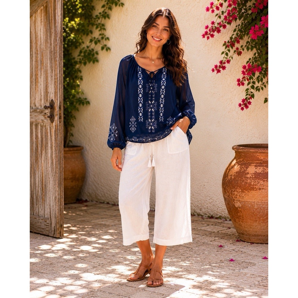 Roper Blue Embroidered Sheer Boho Peasant BlouseM Resort Coastal BB35